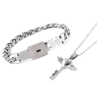 His & Her's Stainless Steel Curb Link Bracelet and Heart Key Pendant Set with Chain