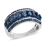 Blue Rhodium/Platinum Sterling Silver 1ct Blue DIAMOND Baguette/Round Band Ring