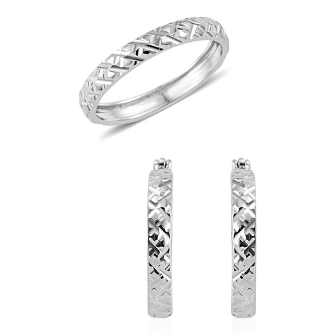Platinum over Sterling Silver (5.8 g) Argyle Diamond Cut Hoop Earrings & Ring Set