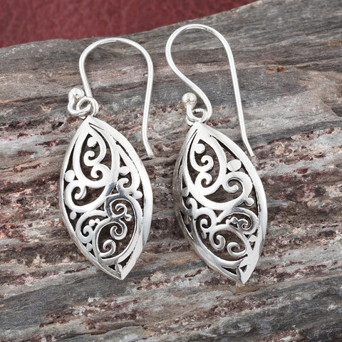 Artisan Crafted Sterling Silver Scroll Work Marquise Shape Dangle Earrings (3.33 g)