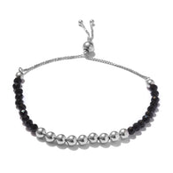 Platinum over Sterling Silver Bead & Faceted BLACK SPINEL Bead Adjustable Bracelet