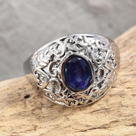 Stainless Steel Engraved Scroll Leaf Work Masoala Blue SAPPHIRE Ring (size 7)