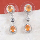 Platinum over Sterling Silver Mexican FIRE OPAL & Zircon Halo Drop Earrings