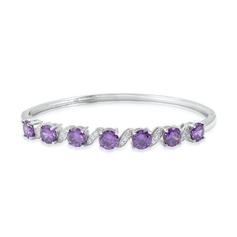 Silvertone Purple & White Cubic Zirconia CZ Bangle Bracelet (6.75")