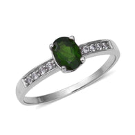 Sterling Silver Green Chrome DIOPSIDE & White ZIRCON Solitaire Ring