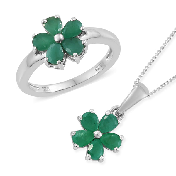 Platinum over Sterling Silver 1.36cts EMERALD Flower Ring, Pendant and Chain Set
