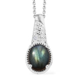 Sterling Silver 3.30 cts Labradorite & Clear CZ Pendant with Stainless 20" Chain