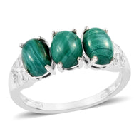 Sterling Silver African Malachite 3 Stone Trilogy Ring (Size 7)