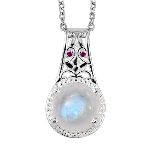 Sterling Silver 3 cts Rainbow Moonstone & Red CZ Pendant with Stainless 20" Chain