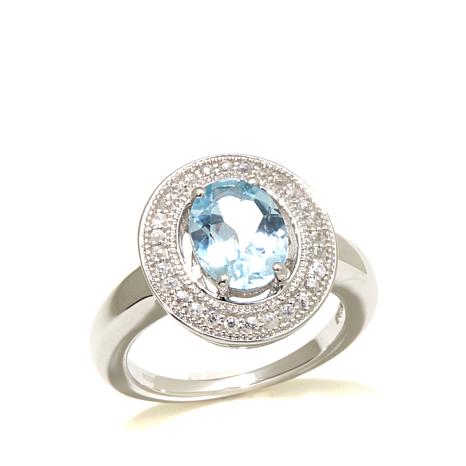 Rhodium over Sterling Silver Brazilian Blue Topaz and White Zircon Halo Ring