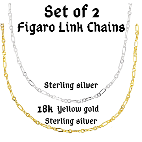 Set of 2 Italian 18k /Silver & Sterling Silver Twisted Figaro Link Necklace Chains (18 in.)
