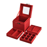 Velvet Three Layer Jewelry Box with Mirror, Handle and Lock In RED