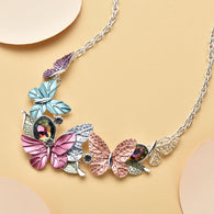 Austrian Crystal & Rainbow Rhinestone Enameled Butterfly Necklace 20.5-22.5 Inches in Silvertone