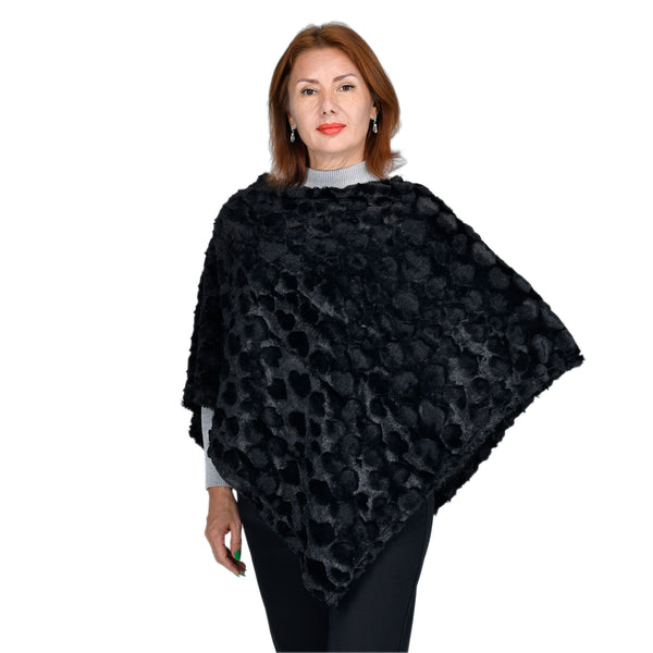 Comfy, Cozy & Fashionable HEART Pattern Faux Fur Poncho - One Size Fits Most ( BLACK )