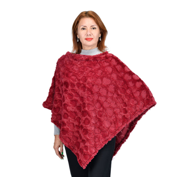Comfy, Cozy & Fashionable HEART Pattern Faux Fur Poncho - One Size Fits Most ( BURGUNDY/RED )
