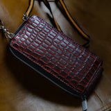 Genuine Leather Crocodile Embossed RFID Crossbody Bag & Phone Holder in RED/BURGUNDY