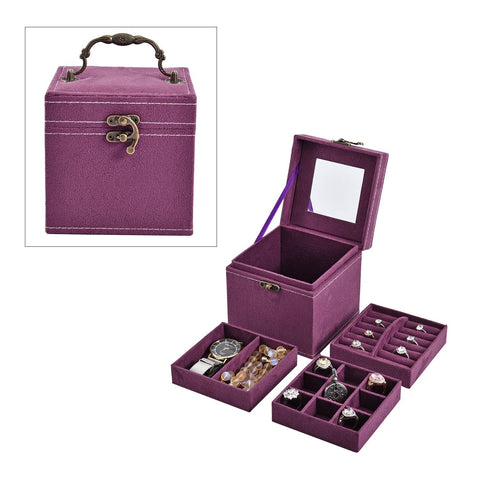 Velvet Three Layer Jewelry Box with Mirror, Handle and Lock In PURPLE
