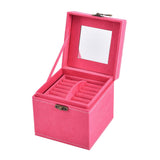 Velvet Three Layer Jewelry Box with Mirror, Handle and Lock In ROSE RED