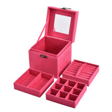 Velvet Three Layer Jewelry Box with Mirror, Handle and Lock In ROSE RED