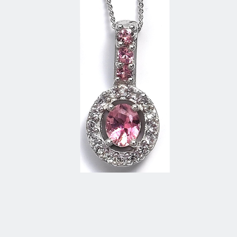 Platinum over Sterling Silver Pink TOURMILINE & ZIRCON Halo Pendant and 20" Chain