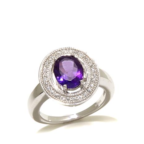 Rhodium over Sterling Silver Brazilian Rich Amethyst and White Zircon Halo Ring