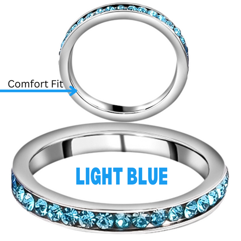 LIGHT BLUE Stainless Steel Metal Austrian Crystal Eternity Band Stackable Ring