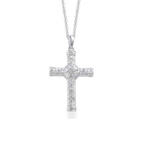 Platinum over Sterling Silver White Diamond Cross Pendant with 18" Chain