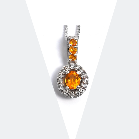 Platinum over Sterling Silver FIRE OPAL & ZIRCON Halo Pendant and 20" Chain