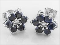 Rhodium over Sterling Silver Blue SAPPHIRE & Diamond Flower Stud Earrings