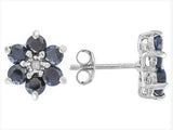 Rhodium over Sterling Silver Blue SAPPHIRE & Diamond Flower Stud Earrings