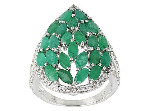 Rhodium Sterling Silver EMERALD and White Zircon Teardrop Cluster Ring