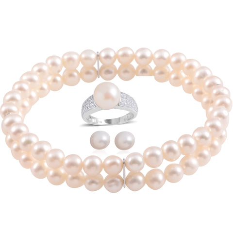 Freshwater Pearl Sterling Silver CZ Ring , Earring and Bracelet Set