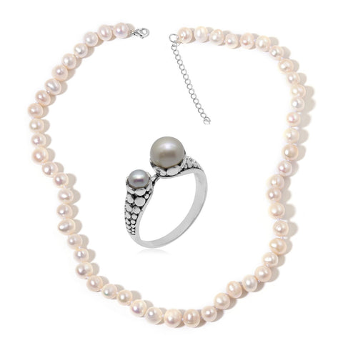 Freshwater Pearl Sterling Silver Ring and Necklace Set