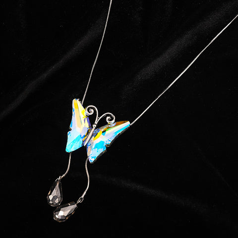 Silvertone Metal Rainbow Iridescent Adjustable Bolo Butterfly With Crystal Accents Necklace