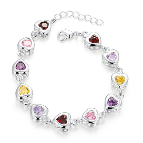 Sterling Silver Plated Multi Color Cubic Zirconia Hearts Bracelet (7.00"-8.50")