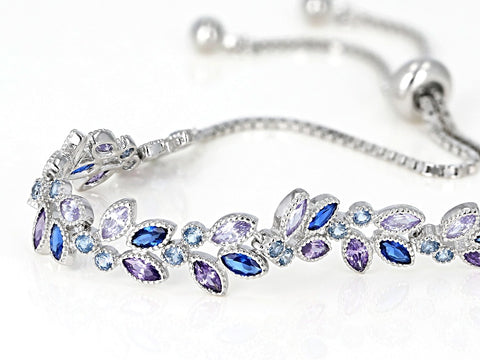 Rhodium/Sterling Silver LC Blue Spinel & Multi color CZ Adjustable Bracelet