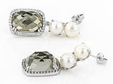 Rhodium/Sterling Silver White Pearl, Topaz & Pyrite Earrings & Necklace Set