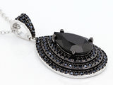 Rhodium over Sterling Silver BLACK SPINEL Pear & Micro Pave Cluster Pendant & Chain