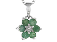 Rhodium over Sterling Silver EMERALD & Diamond Flower Pendant and Chain