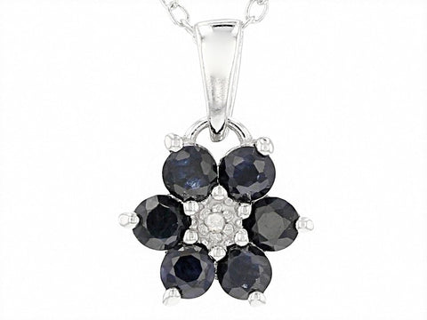 Rhodium over Sterling Silver Blue SAPPHIRE & Diamond Flower Pendant and Chain