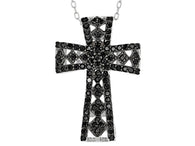 Rhodium Sterling Silver Openwork Black Spinel Cross Pendant with Chain