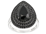 Rhodium over Sterling Silver BLACK SPINEL Pear & Micro Pave Cluster Ring
