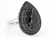Rhodium over Sterling Silver BLACK SPINEL Pear & Micro Pave Cluster Ring