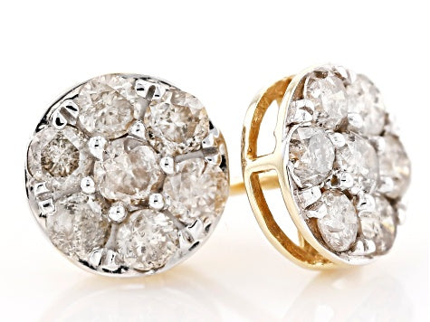 10K Yellow Gold 1ct Pale Champagne DIAMOND Cluster Stud Earrings