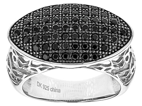 Rhodium over Sterling Silver Thai BLACK SPINEL Micro Pave Cluster East/West Ring