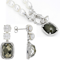 Rhodium/Sterling Silver White Pearl, Topaz & Pyrite Earrings & Necklace Set