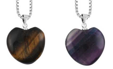 Two Heart Pendants 32Cts TIGER'S EYE/FLUORITE & One 18 Inch Stainless Steel Necklace