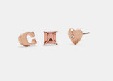 COACH - Rose Gold Plated Signature And Pave Heart Stud Earrings Set of 3