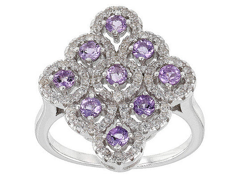 Rhodium over Sterling Silver Amethyst and White Zircon Cluster Ring