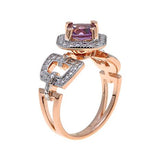 18K Rose Gold Sterling Silver Cushion Pink Amethyst & Diamond Halo Ring
